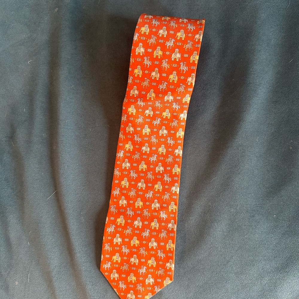 Ferragamo elephant and horse print orange tie 100% silk